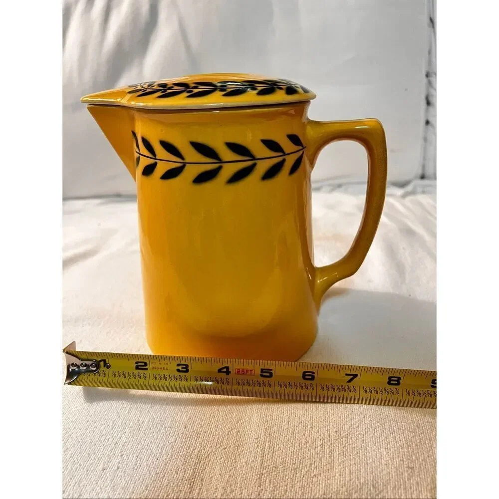 Rare Vintage Bennet Bakeware Jug Teapot W Lid and Matching Tray in Yellow &Black